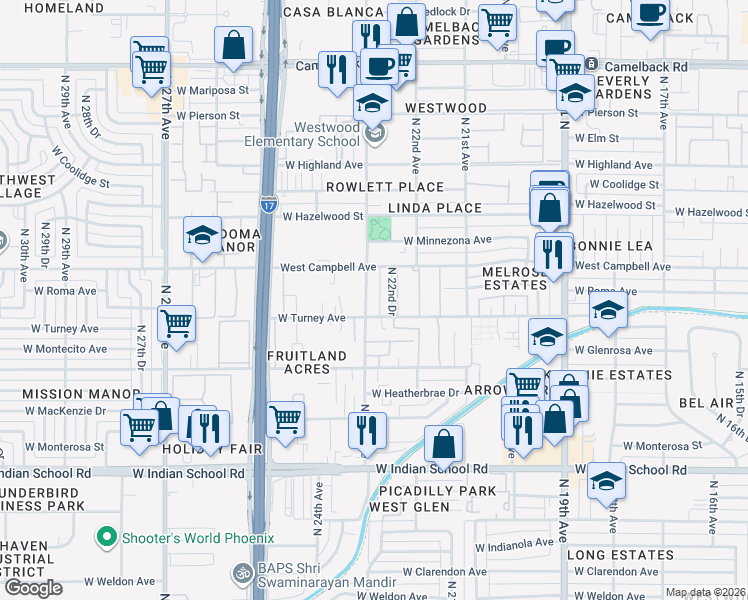 map of restaurants, bars, coffee shops, grocery stores, and more near 4430 North 23rd Avenue in Phoenix