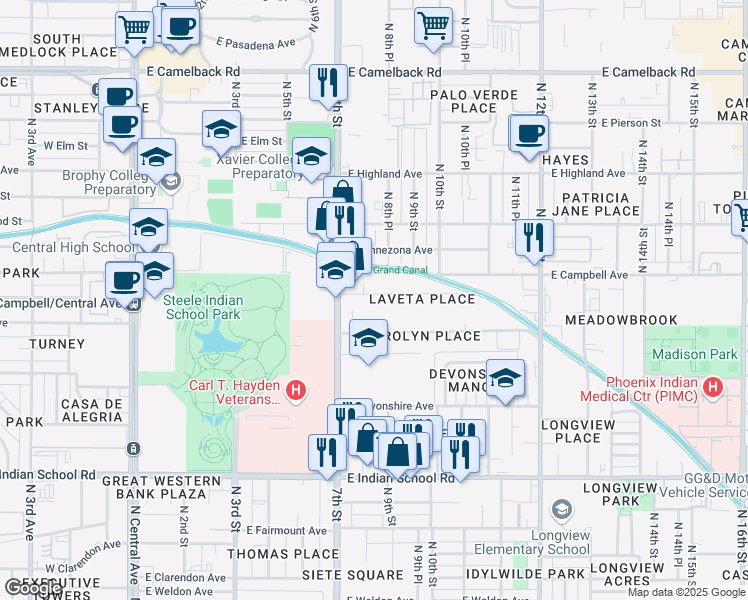 map of restaurants, bars, coffee shops, grocery stores, and more near 805 East Roma Avenue in Phoenix