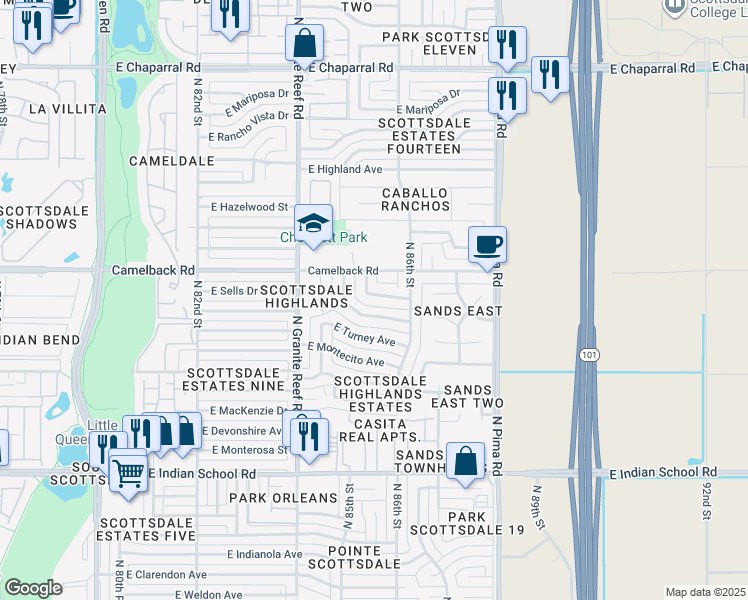 map of restaurants, bars, coffee shops, grocery stores, and more near 8531 East Sells Drive in Scottsdale
