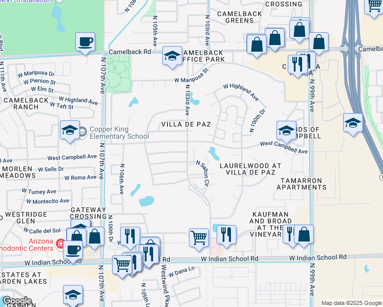 map of restaurants, bars, coffee shops, grocery stores, and more near 4432 North 102nd Way in Phoenix