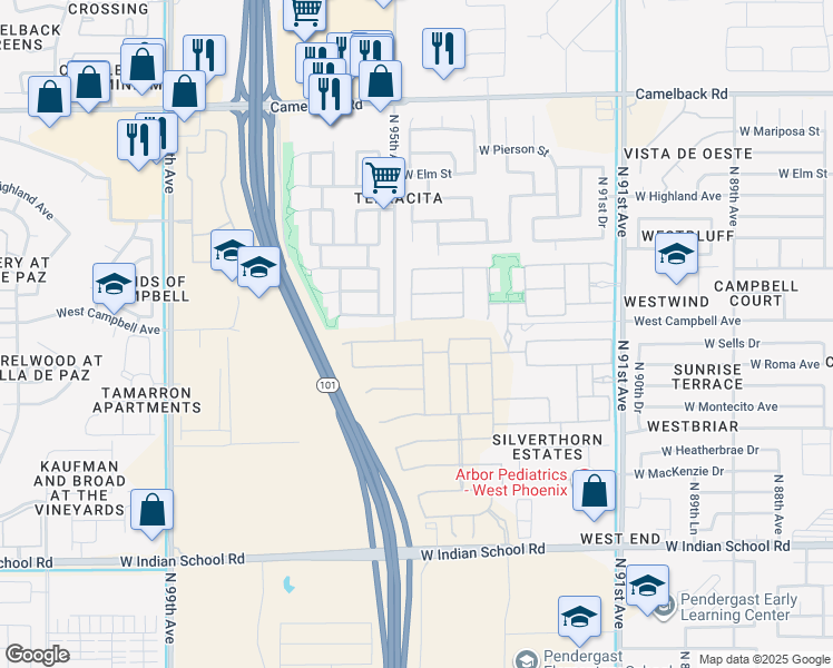 map of restaurants, bars, coffee shops, grocery stores, and more near 9430 West Sells Drive in Phoenix