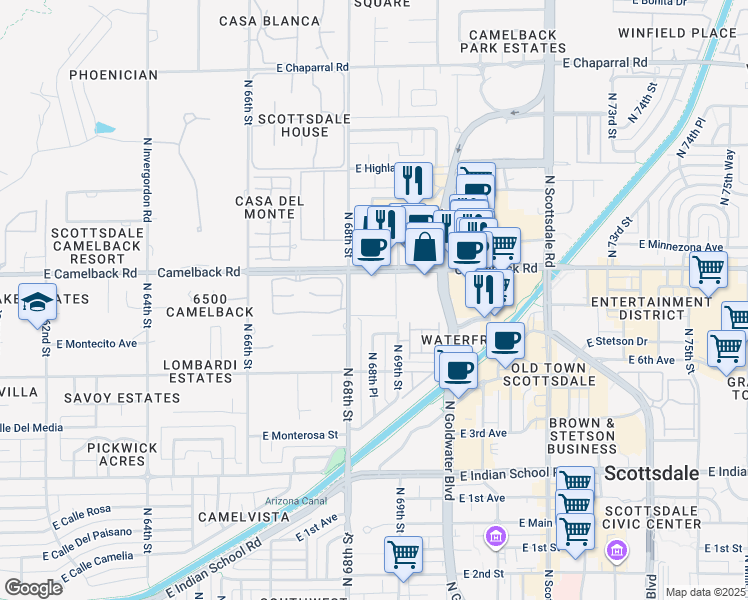 map of restaurants, bars, coffee shops, grocery stores, and more near 6815-6895 East Camelback Road in Scottsdale