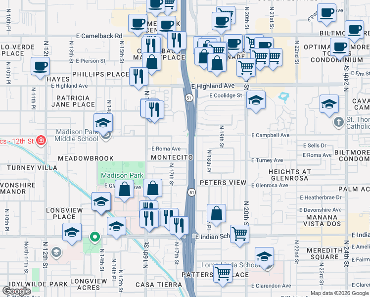 map of restaurants, bars, coffee shops, grocery stores, and more near 4497 17th Place in Phoenix