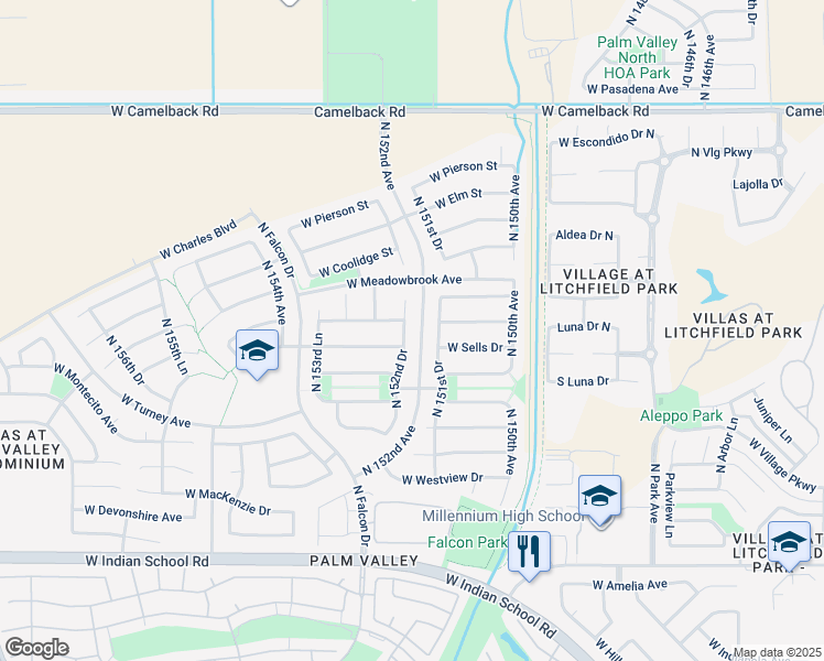 map of restaurants, bars, coffee shops, grocery stores, and more near 4533 North 152nd Drive in Goodyear