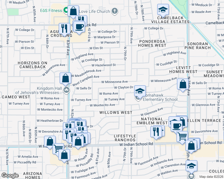 map of restaurants, bars, coffee shops, grocery stores, and more near 8001 West Clayton Drive in Phoenix
