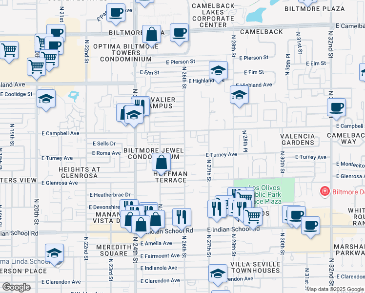 map of restaurants, bars, coffee shops, grocery stores, and more near 2545 East Roma Avenue in Phoenix