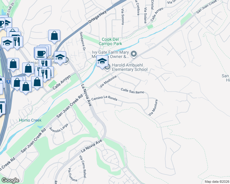 map of restaurants, bars, coffee shops, grocery stores, and more near 27901 Camino Santo Domingo in San Juan Capistrano