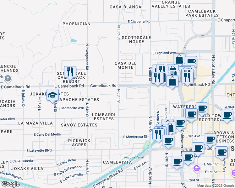 map of restaurants, bars, coffee shops, grocery stores, and more near 6500 East Camelback Road in Scottsdale
