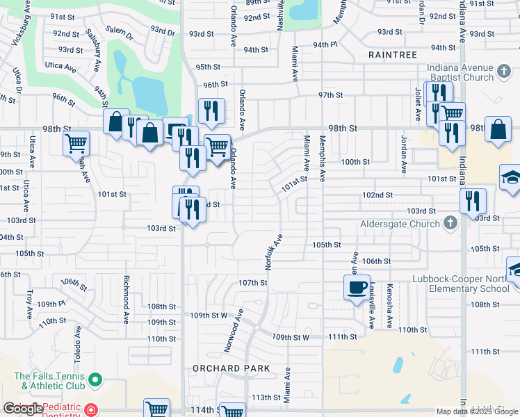 map of restaurants, bars, coffee shops, grocery stores, and more near 4004 103rd Street in Lubbock