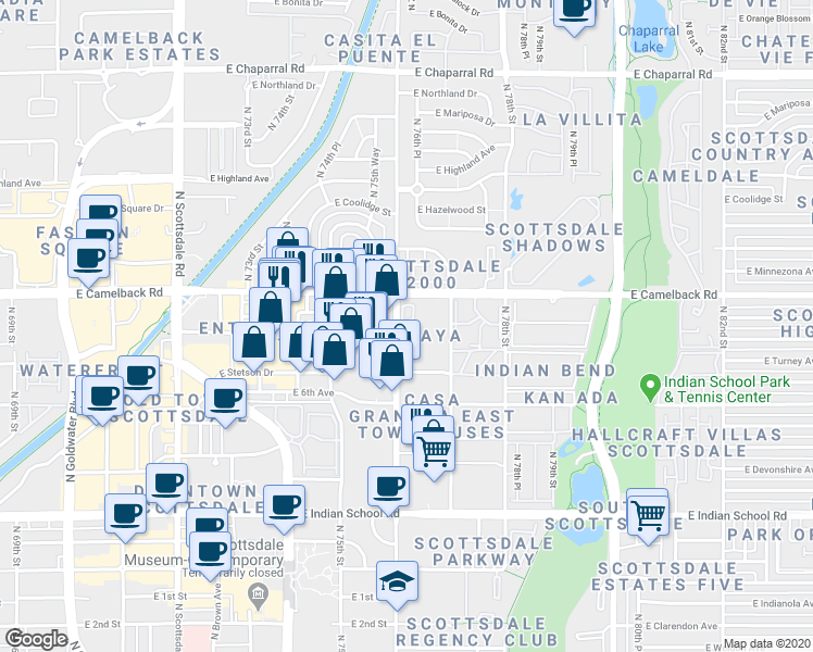 map of restaurants, bars, coffee shops, grocery stores, and more near in Scottsdale