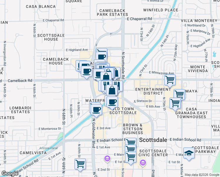 map of restaurants, bars, coffee shops, grocery stores, and more near 165 North Marshall Way in Scottsdale
