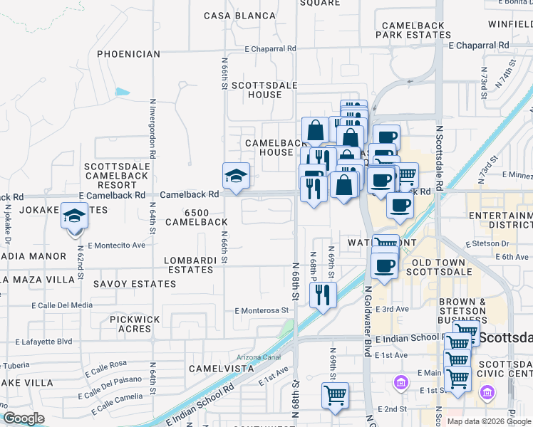 map of restaurants, bars, coffee shops, grocery stores, and more near 6711 East Camelback Road in Scottsdale
