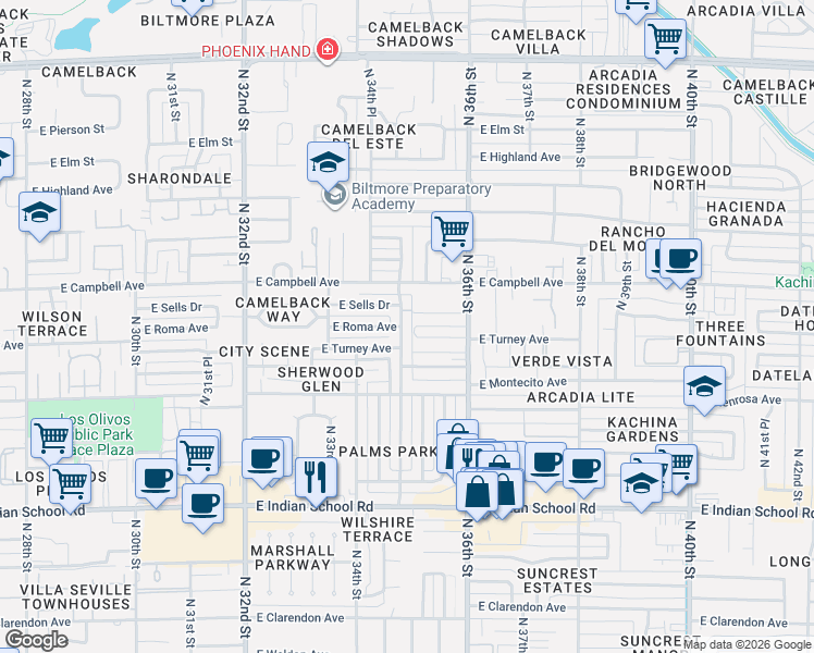 map of restaurants, bars, coffee shops, grocery stores, and more near 4417 North 35th Street in Phoenix