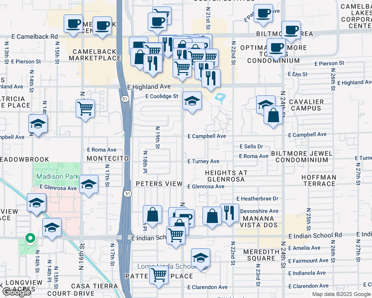 map of restaurants, bars, coffee shops, grocery stores, and more near 2025 East Campbell Avenue in Phoenix