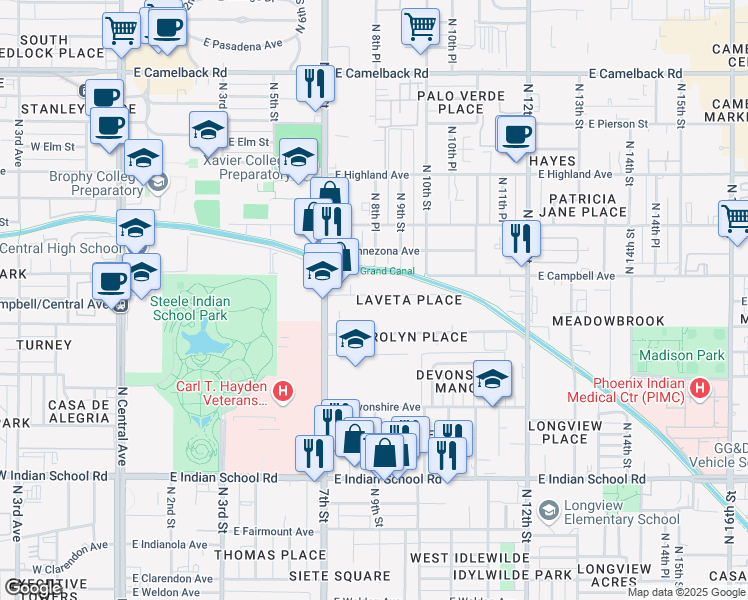 map of restaurants, bars, coffee shops, grocery stores, and more near 805 East Roma Avenue in Phoenix