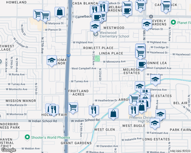 map of restaurants, bars, coffee shops, grocery stores, and more near 4430 North 23rd Avenue in Phoenix