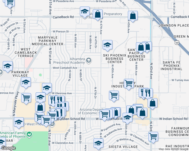 map of restaurants, bars, coffee shops, grocery stores, and more near 4717 West Roma Avenue in Phoenix