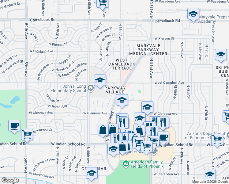 map of restaurants, bars, coffee shops, grocery stores, and more near 4418 North 53rd Lane in Phoenix
