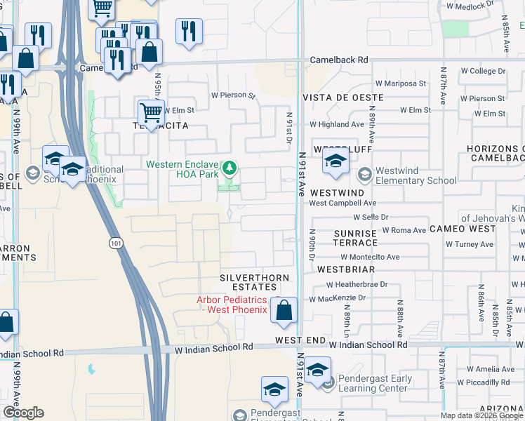 map of restaurants, bars, coffee shops, grocery stores, and more near 4312-4498 North 91st Avenue in Phoenix