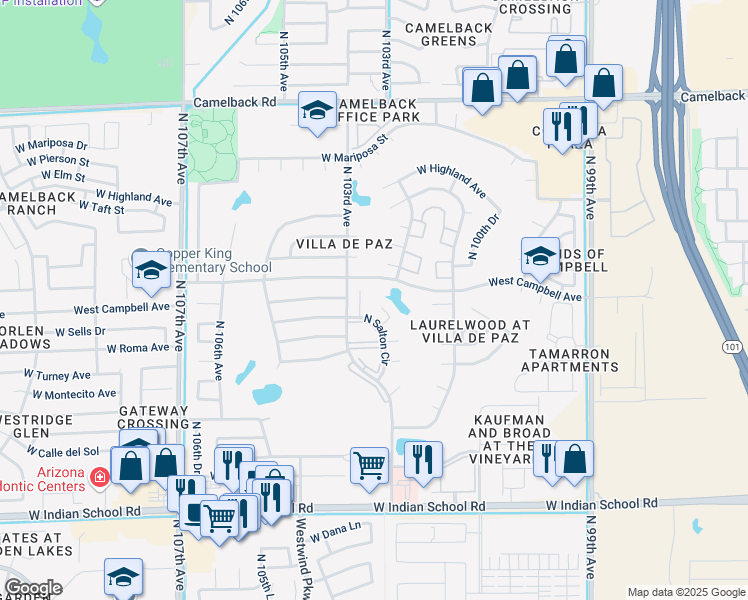 map of restaurants, bars, coffee shops, grocery stores, and more near 4432 North 102nd Way in Phoenix