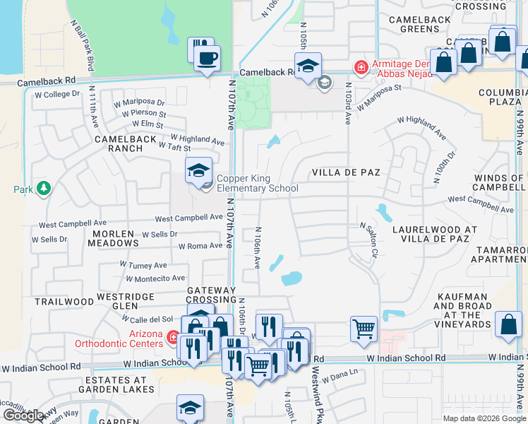 map of restaurants, bars, coffee shops, grocery stores, and more near 10602 West Sells Drive in Phoenix