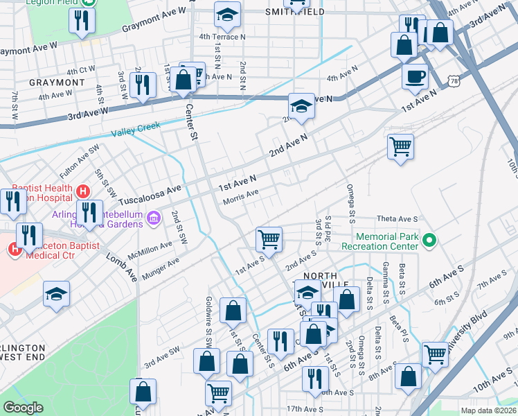 map of restaurants, bars, coffee shops, grocery stores, and more near 16 1st Place North in Birmingham
