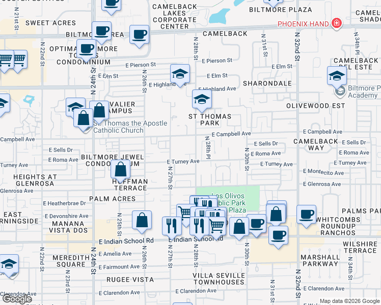 map of restaurants, bars, coffee shops, grocery stores, and more near 4409 North 28th Street in Phoenix