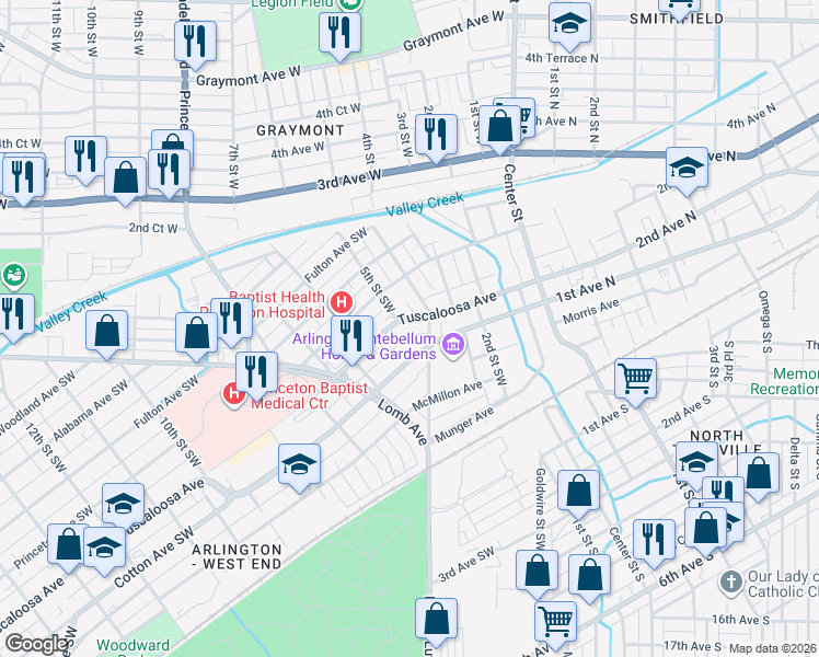 map of restaurants, bars, coffee shops, grocery stores, and more near 407 Tuscaloosa Avenue in Birmingham