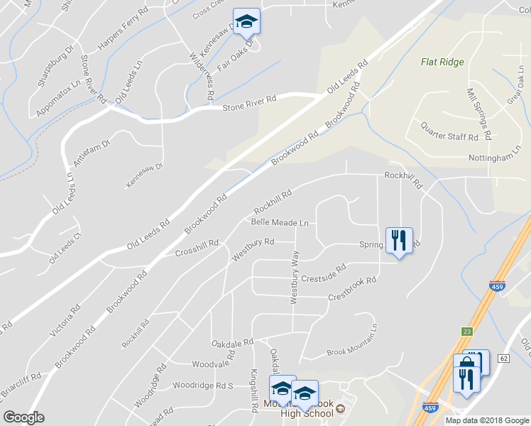map of restaurants, bars, coffee shops, grocery stores, and more near 3621 Rockhill Road in Birmingham