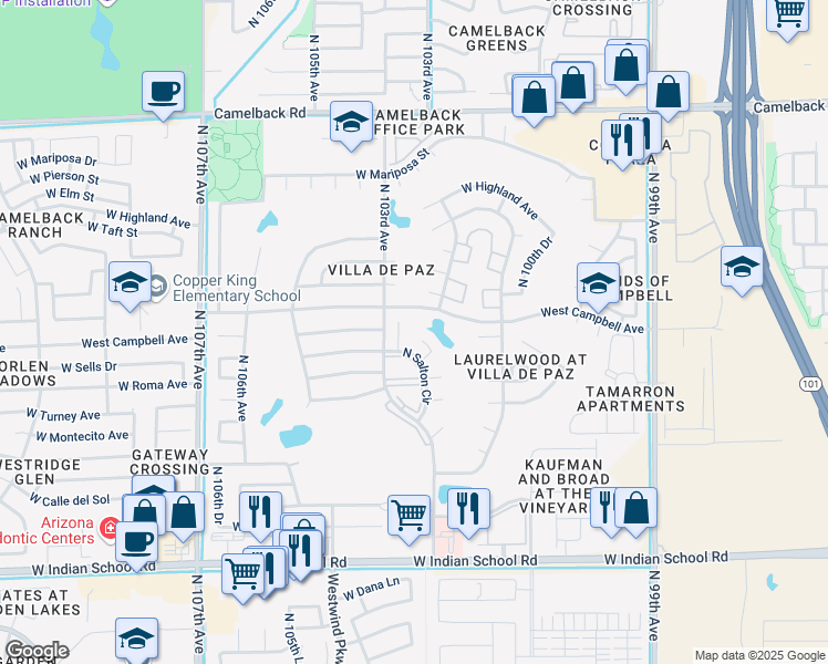 map of restaurants, bars, coffee shops, grocery stores, and more near 4432 North 102nd Way in Phoenix