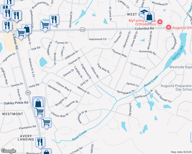 map of restaurants, bars, coffee shops, grocery stores, and more near 4105 Allison Road in Augusta
