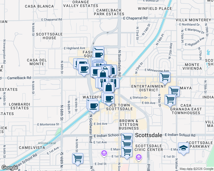 map of restaurants, bars, coffee shops, grocery stores, and more near 165 North Marshall Way in Scottsdale