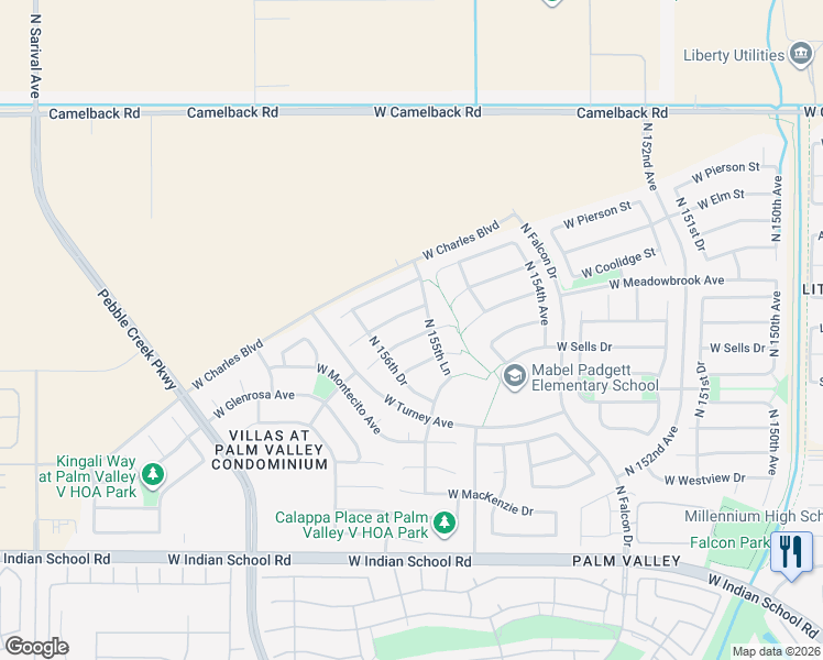 map of restaurants, bars, coffee shops, grocery stores, and more near 15632 West Campbell Avenue in Goodyear