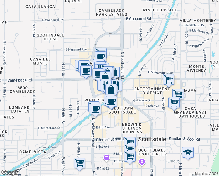 map of restaurants, bars, coffee shops, grocery stores, and more near 165 North Marshall Way in Scottsdale