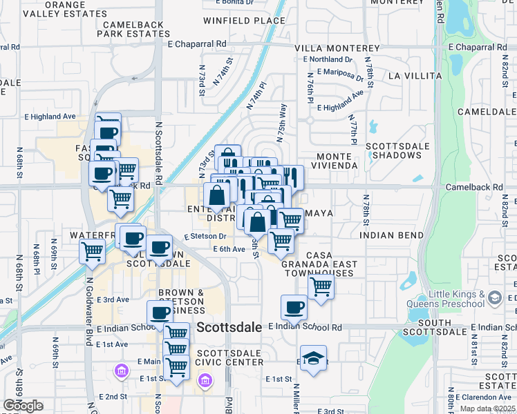 map of restaurants, bars, coffee shops, grocery stores, and more near 4421 North 75th Street in Scottsdale