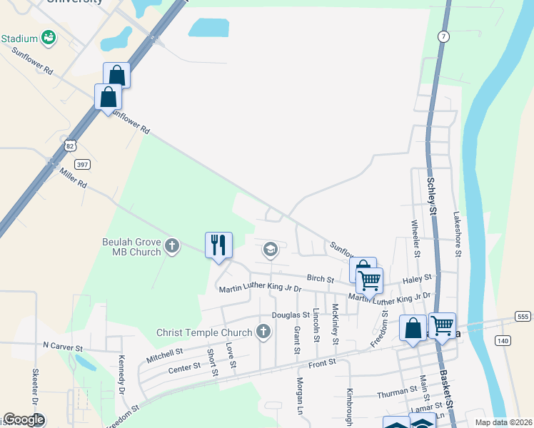 map of restaurants, bars, coffee shops, grocery stores, and more near 45288 Sunflower Road in Itta Bena