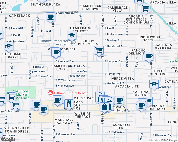 map of restaurants, bars, coffee shops, grocery stores, and more near 4417 North 35th Street in Phoenix