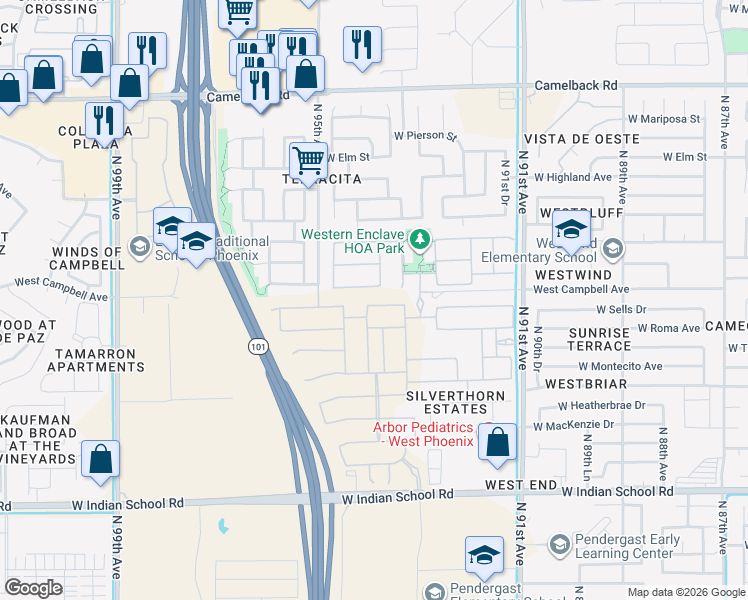 map of restaurants, bars, coffee shops, grocery stores, and more near 9344 West Sells Drive in Phoenix