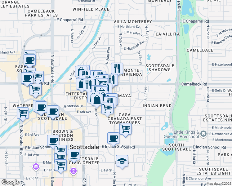 map of restaurants, bars, coffee shops, grocery stores, and more near 4430 North 76th Street in Scottsdale