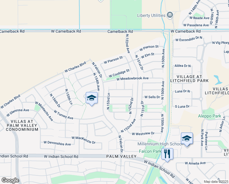 map of restaurants, bars, coffee shops, grocery stores, and more near 15339 West Campbell Avenue in Goodyear