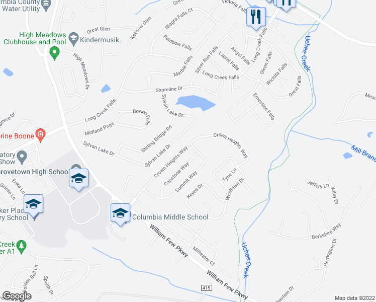 map of restaurants, bars, coffee shops, grocery stores, and more near 248 Crown Heights Way in Grovetown