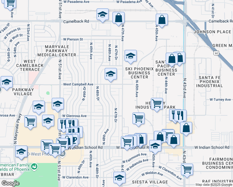 map of restaurants, bars, coffee shops, grocery stores, and more near 4717 West Roma Avenue in Phoenix