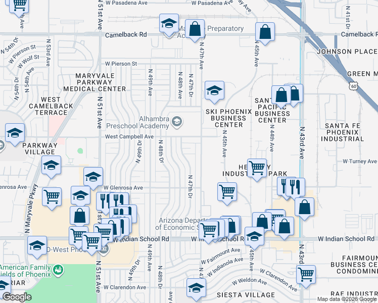 map of restaurants, bars, coffee shops, grocery stores, and more near 4717 West Roma Avenue in Phoenix