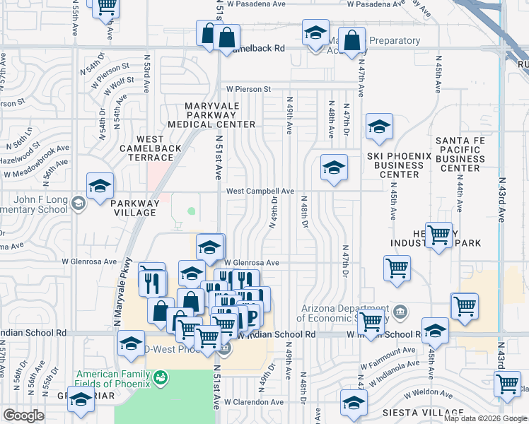 map of restaurants, bars, coffee shops, grocery stores, and more near 4418 North 49th Drive in Phoenix
