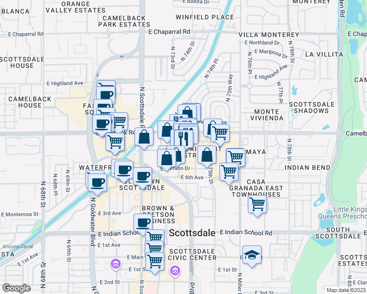 map of restaurants, bars, coffee shops, grocery stores, and more near 4420 North Saddlebag Trail in Scottsdale