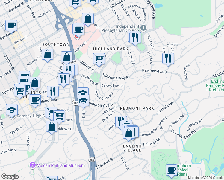 map of restaurants, bars, coffee shops, grocery stores, and more near 1514 Milner Crescent in Birmingham