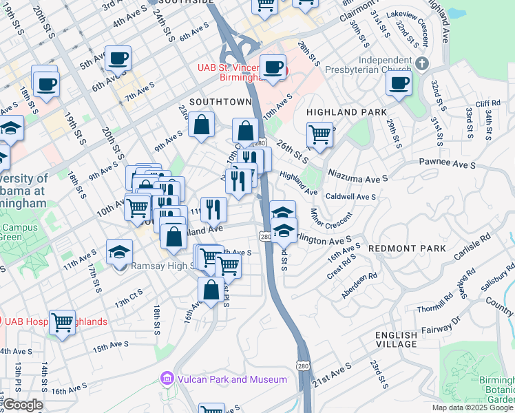 map of restaurants, bars, coffee shops, grocery stores, and more near 2211 Highland Avenue in Birmingham