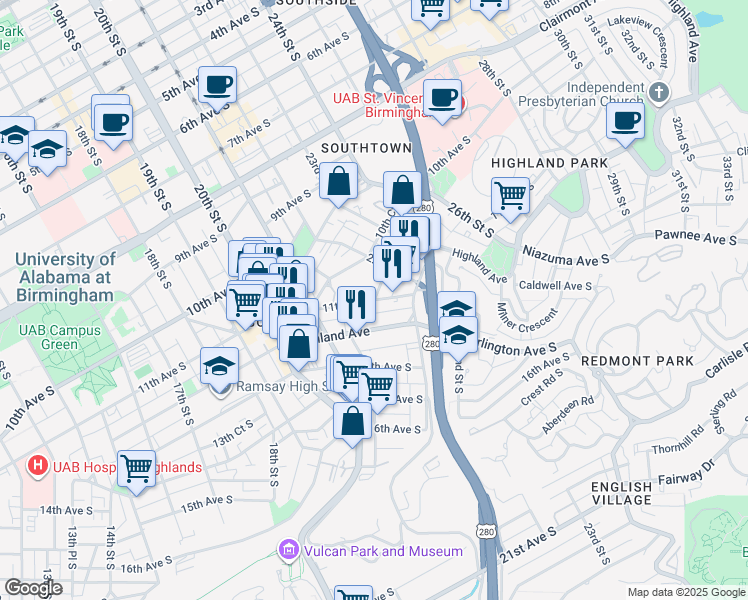 map of restaurants, bars, coffee shops, grocery stores, and more near 11th Court South in Birmingham