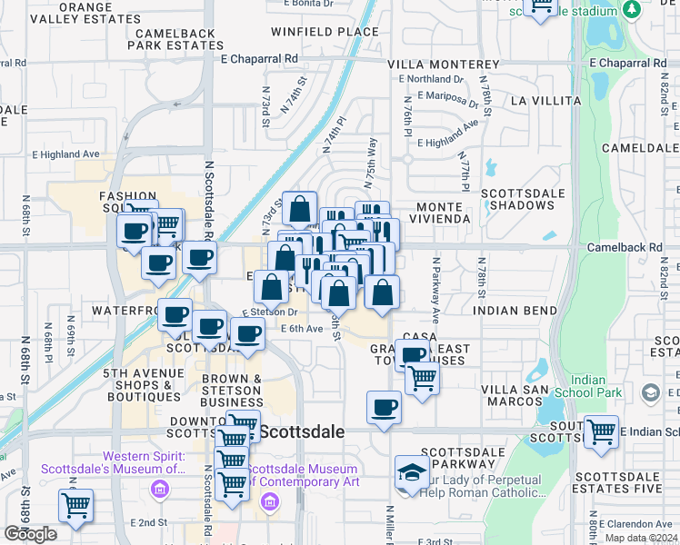 map of restaurants, bars, coffee shops, grocery stores, and more near 4421 North 75th Street in Scottsdale