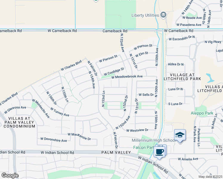 map of restaurants, bars, coffee shops, grocery stores, and more near 15339 West Campbell Avenue in Goodyear